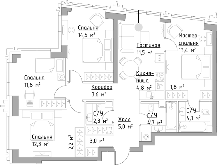Планировка — Павелецкая Сити, 5-комн., 95 м²