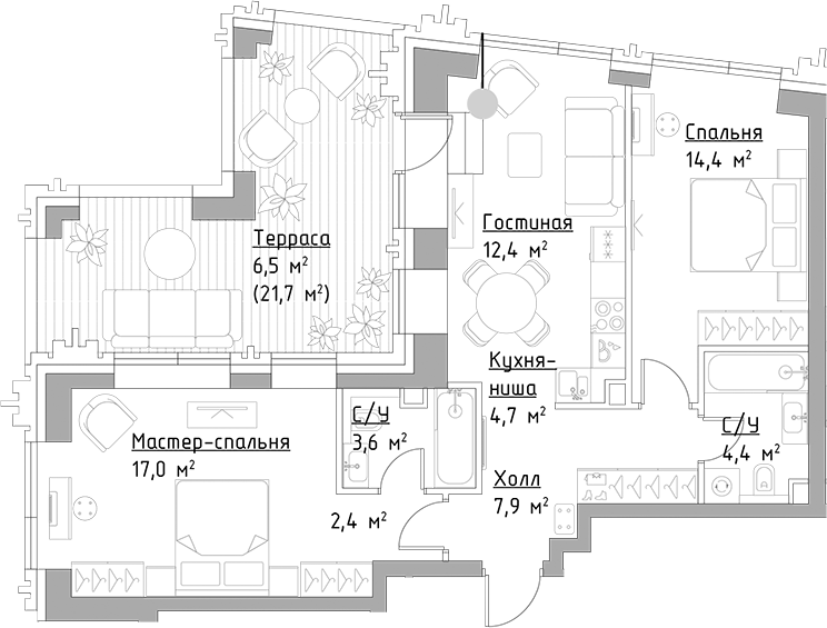 Планировка — Павелецкая Сити, 3-комн., 67 м²