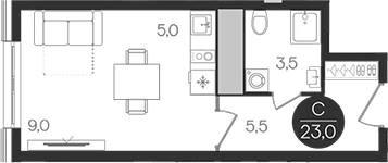 Планировка — Кантемировский, Студия, 23 м²