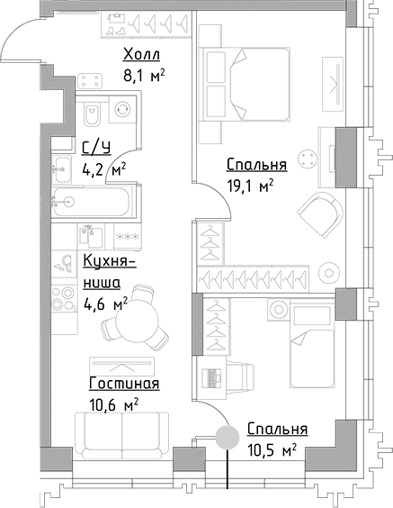 Планировка — Павелецкая Сити, 3-комн., 57 м²