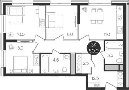 Планировка — Кантемировский, 3-комн., 60 м²