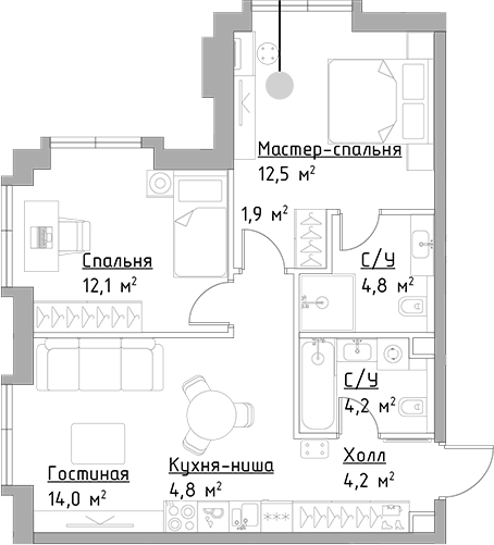 Планировка — Павелецкая Сити, 3-комн., 59 м²