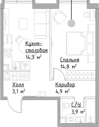 Планировка — Павелецкая Сити, 1-комн., 41 м²