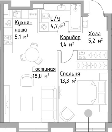 Планировка — Павелецкая Сити, 2-комн., 48 м²