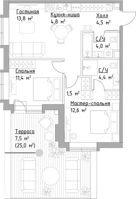 Планировка — Павелецкая Сити, 3-комн., 57 м²