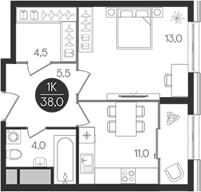 Планировка — Кантемировский, 1-комн., 38 м²