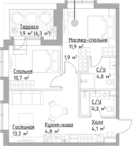 Планировка — Павелецкая Сити, 3-комн., 56 м²