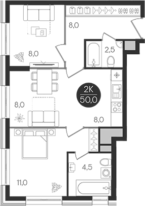 Планировка — Кантемировский, 3-комн., 50 м²