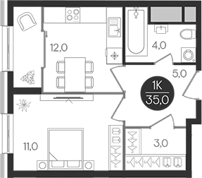 Планировка — Кантемировский, 1-комн., 35 м²