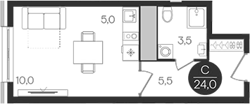 Планировка — Кантемировский, Студия, 24 м²