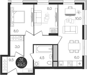 Планировка — Кантемировский, 3-комн., 49 м²