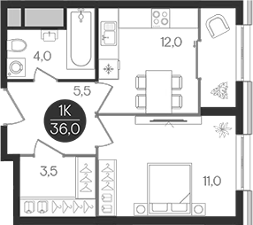 Планировка — Кантемировский, 1-комн., 36 м²