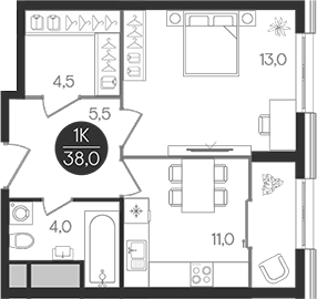 Планировка — Кантемировский, 1-комн., 38 м²
