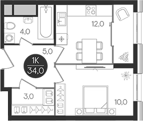 Планировка — Кантемировский, 1-комн., 34 м²