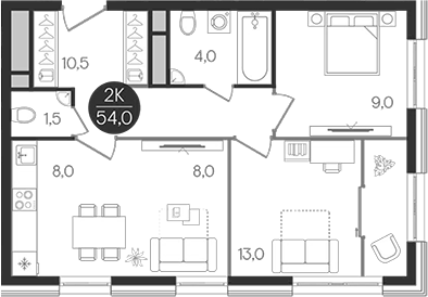 Планировка — Кантемировский, 3-комн., 54 м²