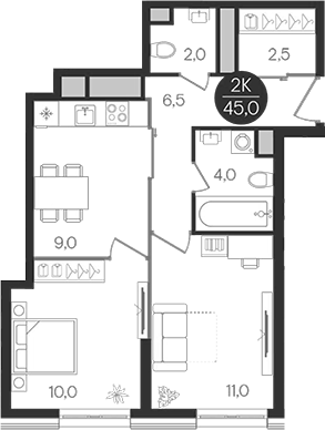 Планировка — Кантемировский, 2-комн., 45 м²