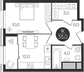 Планировка — Кантемировский, 1-комн., 35 м²