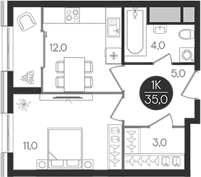 Планировка — Кантемировский, 1-комн., 35 м²