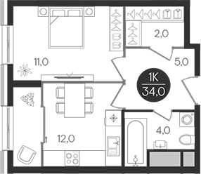Планировка — Кантемировский, 1-комн., 34 м²