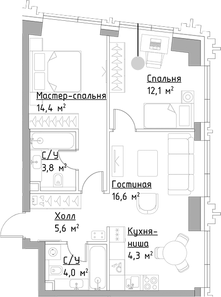 Планировка — Павелецкая Сити, 3-комн., 61 м²