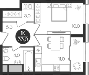 Планировка — Кантемировский, 1-комн., 33 м²