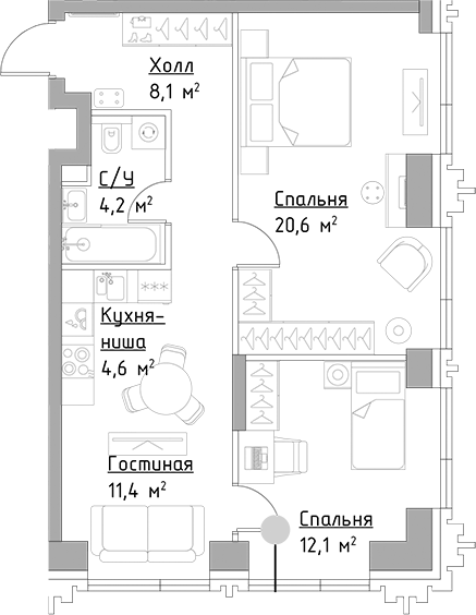 Планировка — Павелецкая Сити, 3-комн., 61 м²