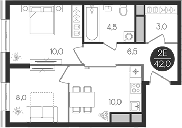Планировка — Кантемировский, 2-комн., 42 м²