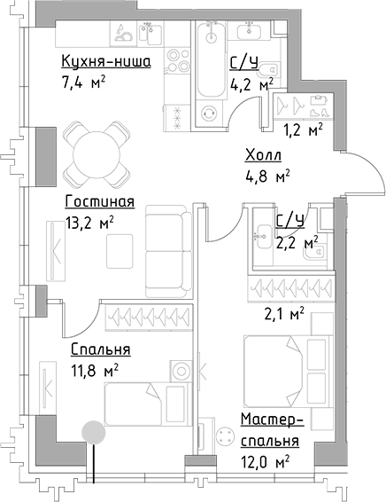 Планировка — Павелецкая Сити, 3-комн., 59 м²