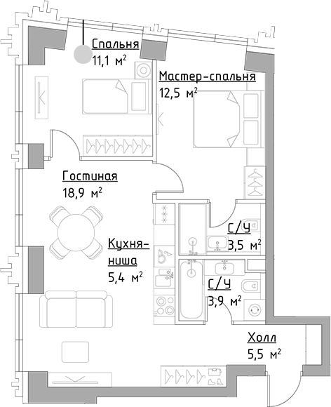 Планировка — Павелецкая Сити, 3-комн., 61 м²