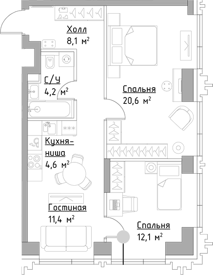 Планировка — Павелецкая Сити, 3-комн., 61 м²