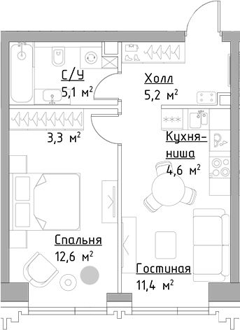 Планировка — Павелецкая Сити, 2-комн., 42 м²