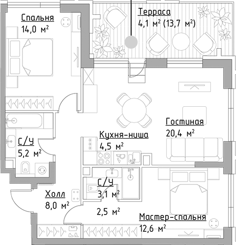 Планировка — Павелецкая Сити, 3-комн., 70 м²