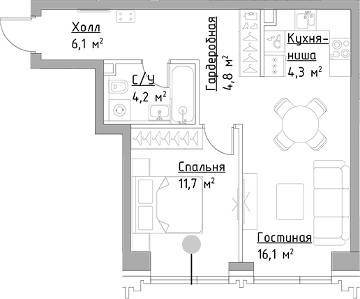 Планировка — Павелецкая Сити, 2-комн., 47 м²