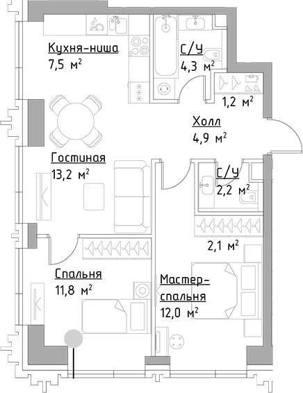 Планировка — Павелецкая Сити, 3-комн., 59 м²