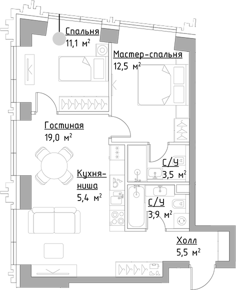 Планировка — Павелецкая Сити, 3-комн., 61 м²