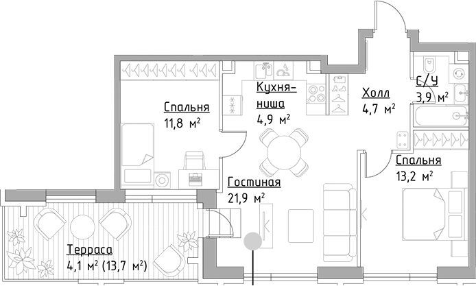 Планировка — Павелецкая Сити, 3-комн., 60 м²
