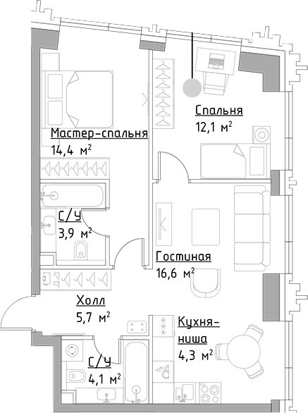 Планировка — Павелецкая Сити, 3-комн., 61 м²
