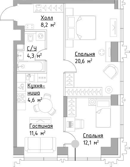 Планировка — Павелецкая Сити, 3-комн., 61 м²