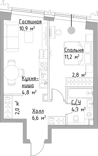 Планировка — Павелецкая Сити, 2-комн., 43 м²
