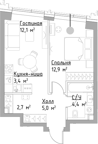 Планировка — Павелецкая Сити, 2-комн., 41 м²