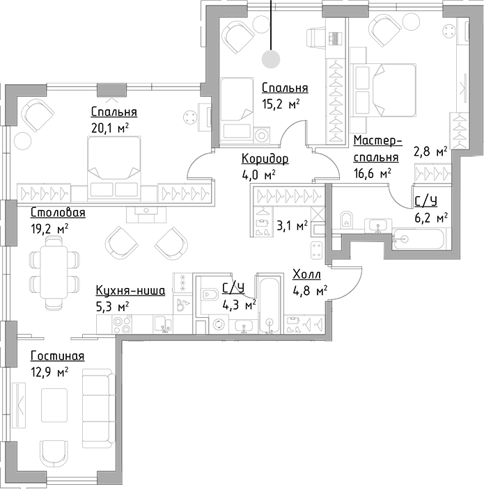 Планировка — Павелецкая Сити, 5-комн., 115 м²