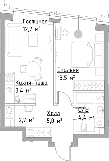 Планировка — Павелецкая Сити, 2-комн., 42 м²