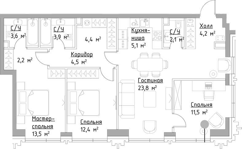 Планировка — Павелецкая Сити, 4-комн., 91 м²