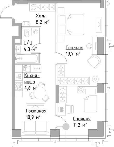 Планировка — Павелецкая Сити, 3-комн., 59 м²
