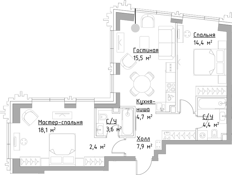 Планировка — Павелецкая Сити, 3-комн., 71 м²