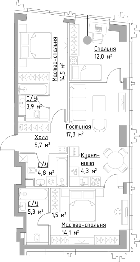 Планировка — Павелецкая Сити, 4-комн., 83 м²