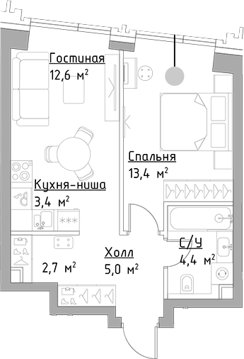 Планировка — Павелецкая Сити, 2-комн., 42 м²