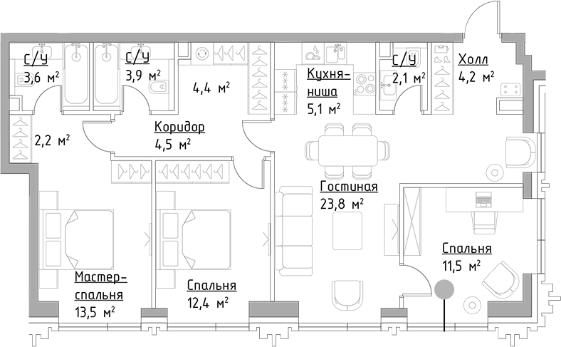 Планировка — Павелецкая Сити, 4-комн., 91 м²
