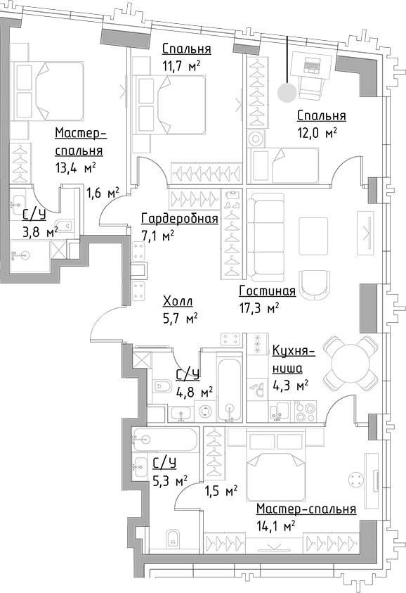 Планировка — Павелецкая Сити, 5-комн., 103 м²