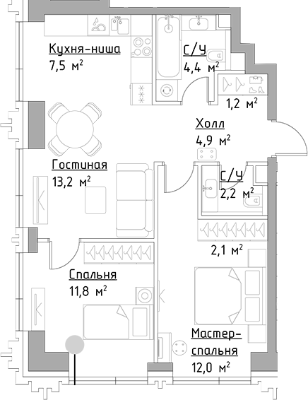 Планировка — Павелецкая Сити, 3-комн., 59 м²